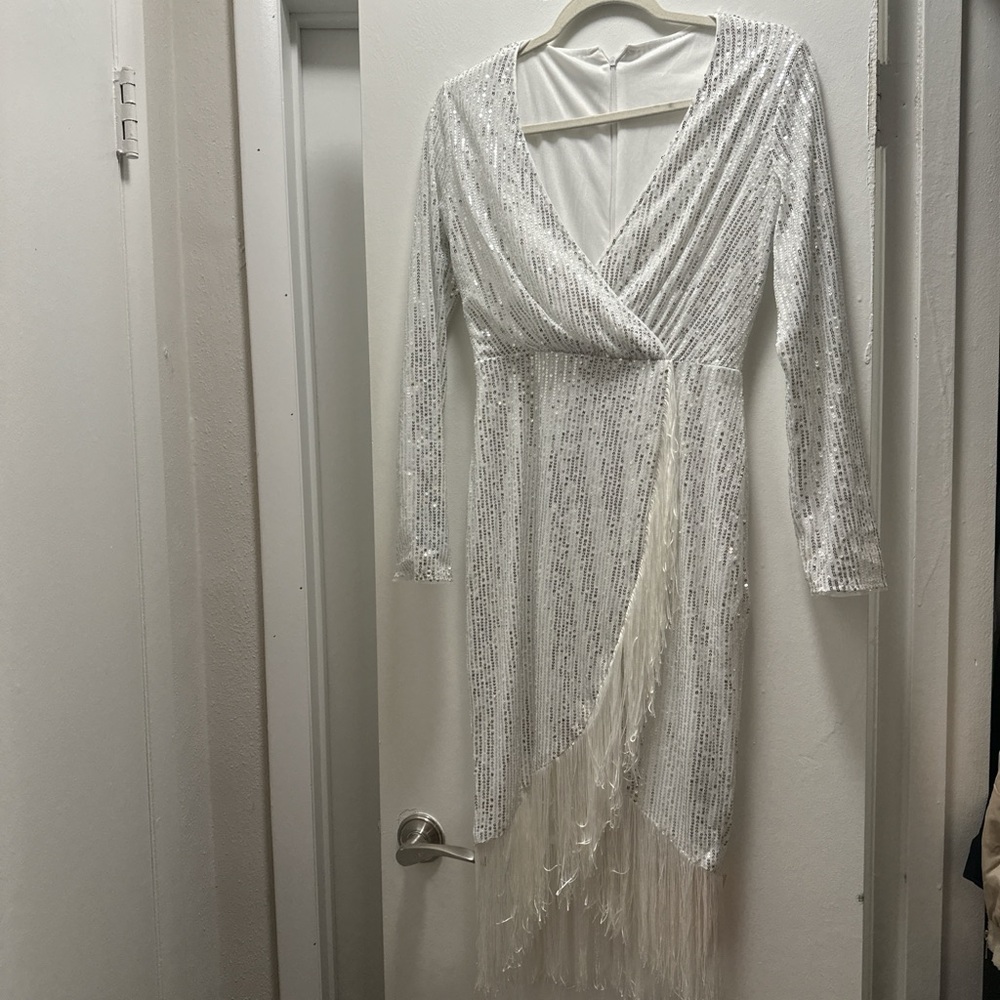 SHEIN White Sequin Fringe Dress